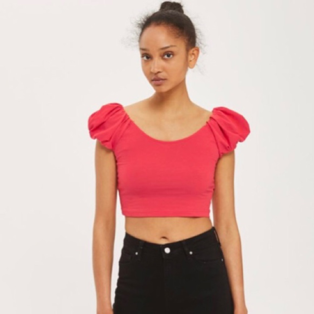 TOPSHOP bubble sleeve cherry red crop top